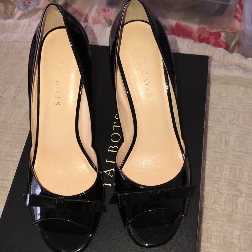 talbot black patent wedge